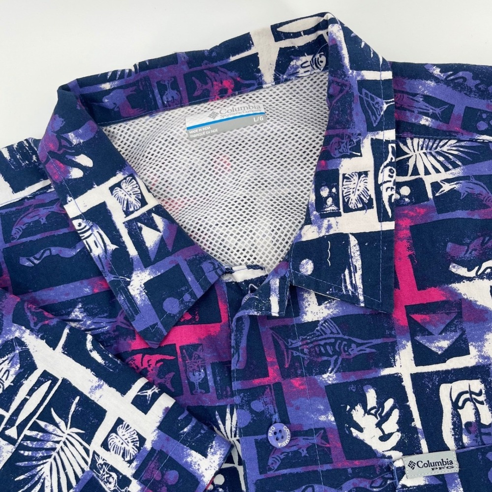 Columbia PFG Fishing Shirt Mens L Purple Pink Block Print Short Sleeve Vented